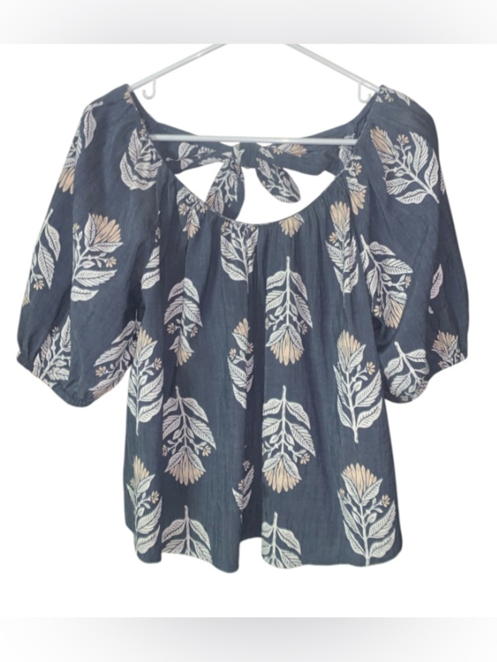 Old Navy Navy Floral Tie-Back Puff Sleeve Blouse